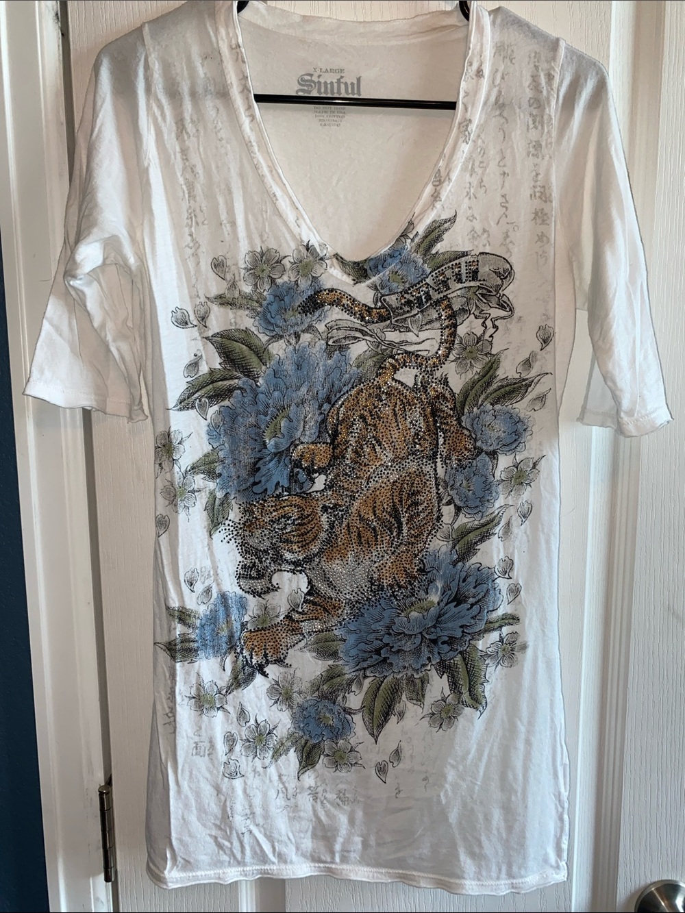Sinful White Tee with Blue Floral and Tiger vintage